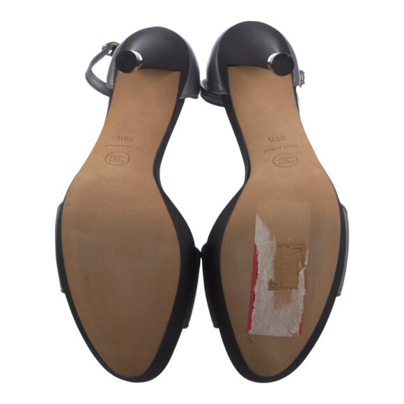 Chanel CC Logo Gray Leather Ankle Strap Heels Sandals - Picture 5 of 5